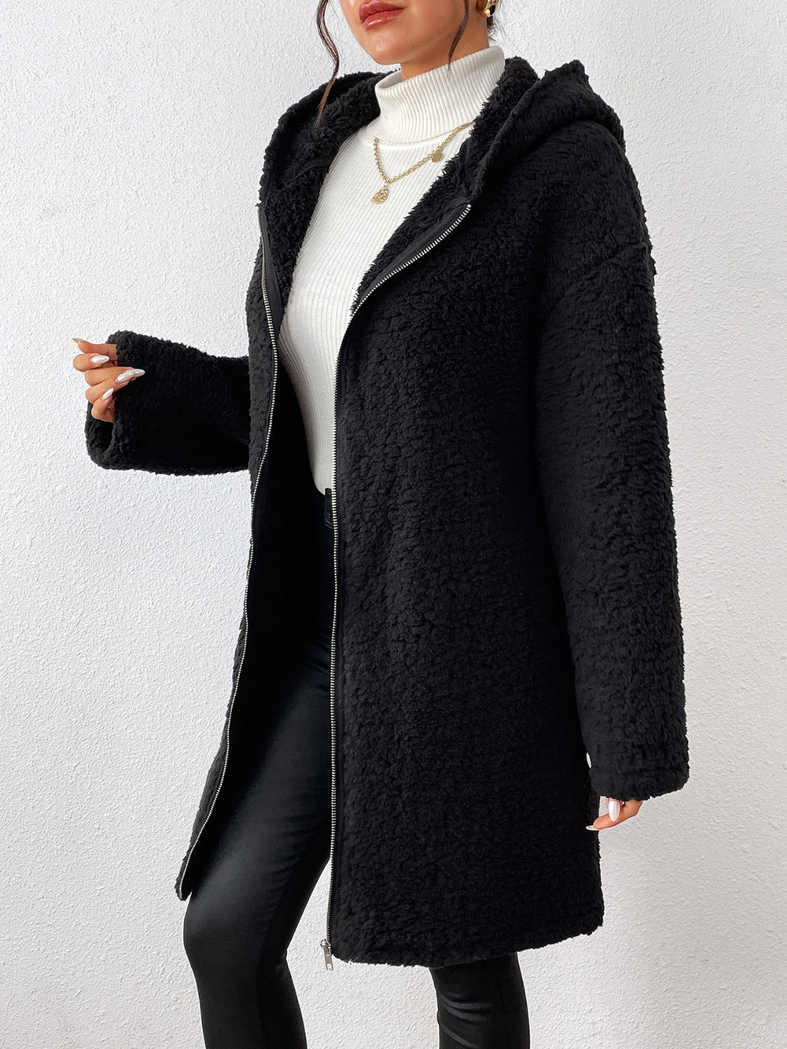 Zip Up Long Sleeve Sherpa Hooded Coat