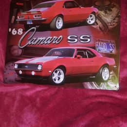 1968 Red And Gray Stripe Camaro SS Sports Car Tin Metal Sign